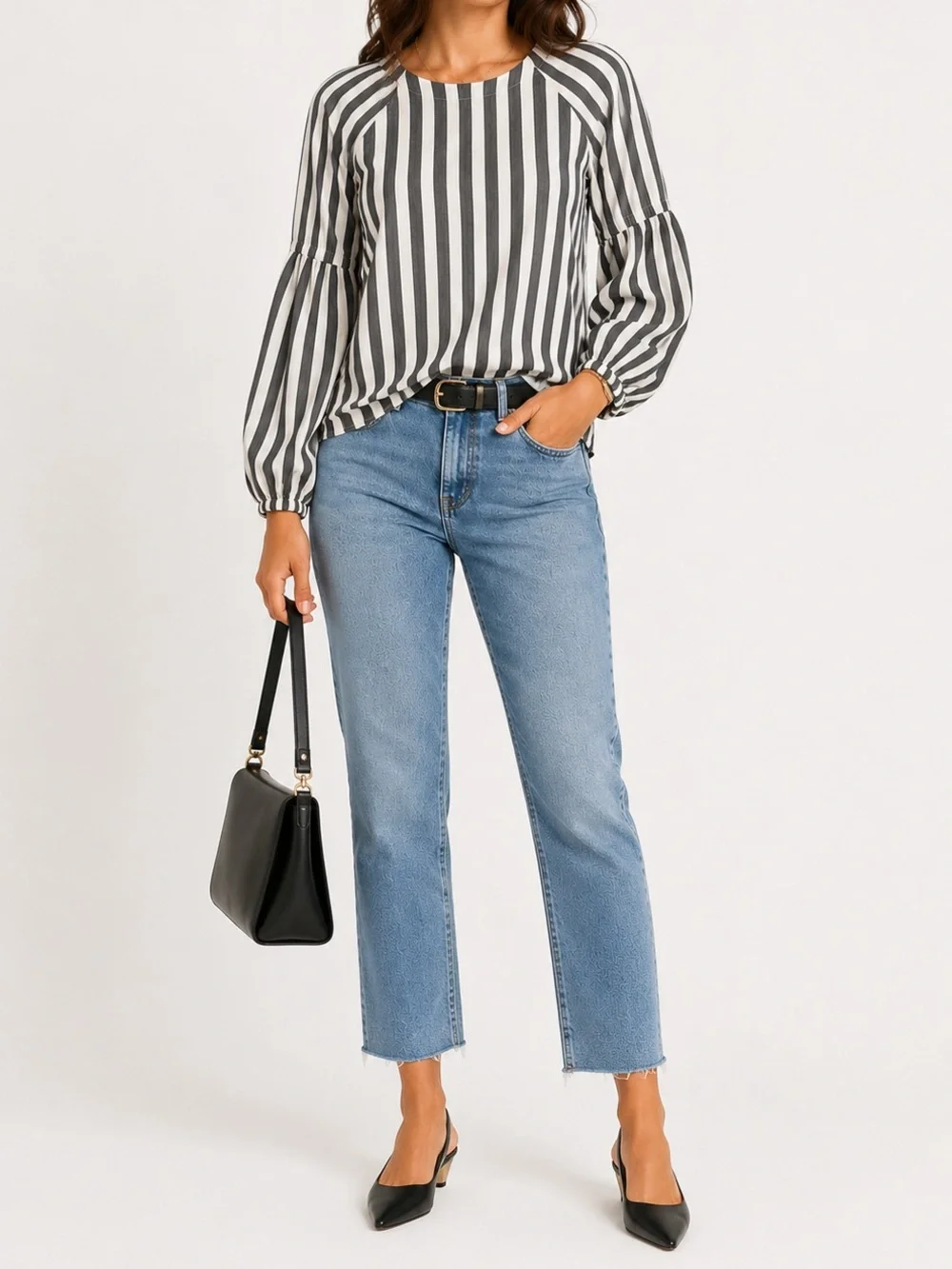 BANANA REPUBLIC Puff Sleeve Striped Blouse | Gray & White | Size Small - Picture 2 of 9